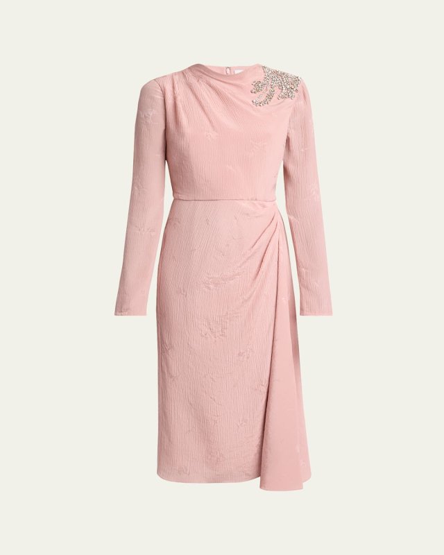 Long Sleeve Draped Beaded Patch Midi Dress